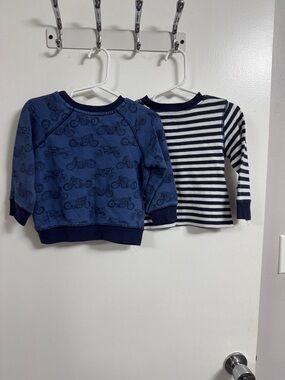 Kids Navy Motorcycle Print & Navy-White Stripe Long-Sleeve Tops - Set of 2